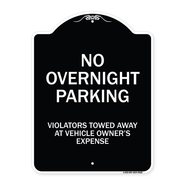 Designer Series-No Overnight Parking, Black & White Heavy-Gauge Aluminum, 24" x 18", BW-1824-9828